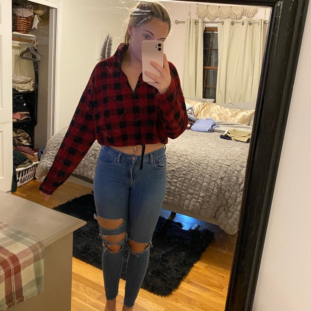 Red Plaid Fuzzy Crop Sweater